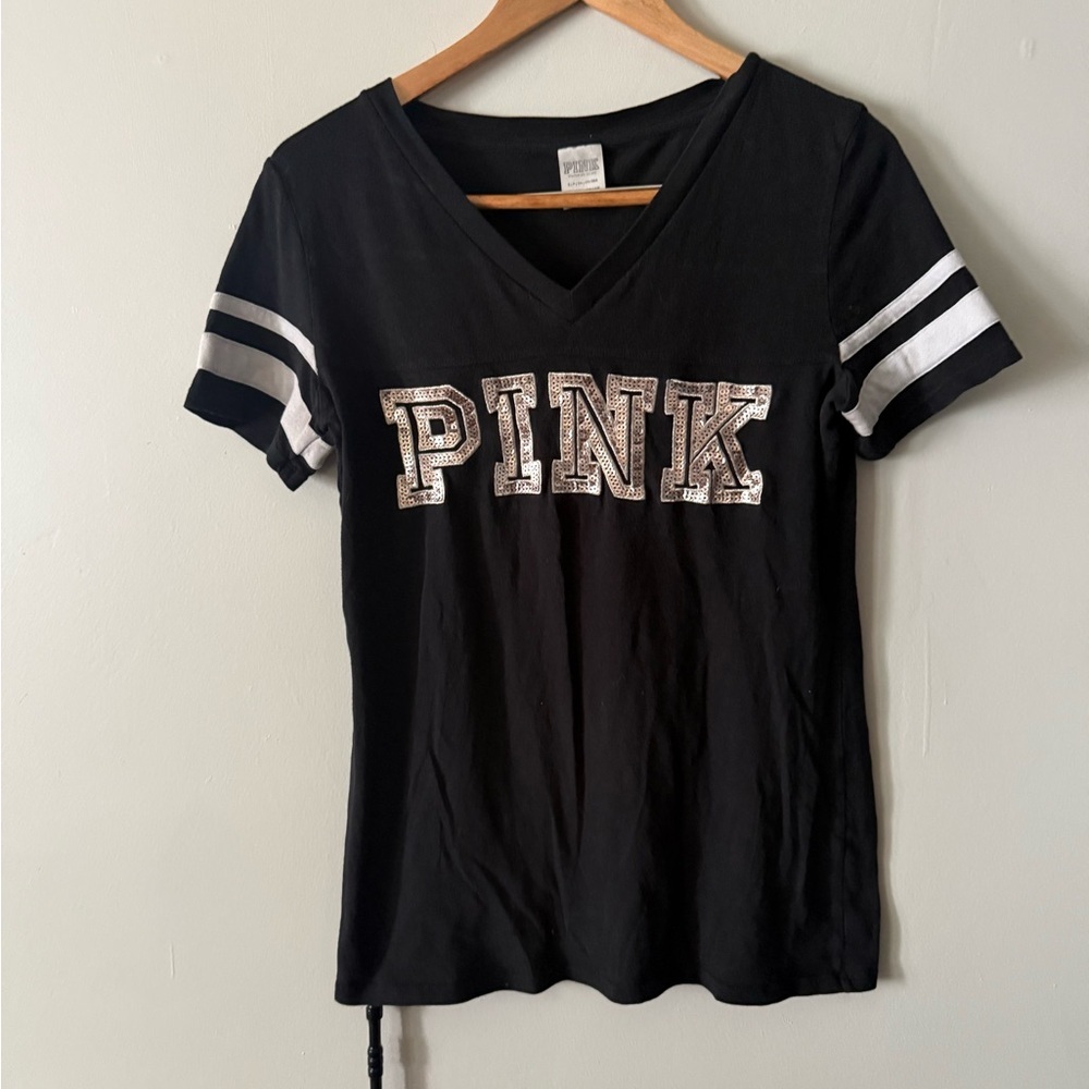 Vintage Y2K PINK Victoria’s Secret Sequin Black T-Shirt Small